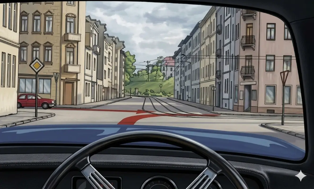 Driver's view at a junction with priority sign and a red car on the left